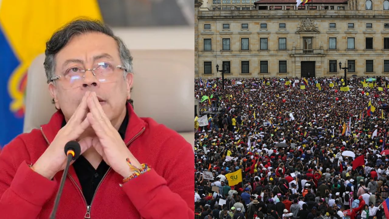 Gustavo Petro y una imagen de la marcha del Día del Trabajo.