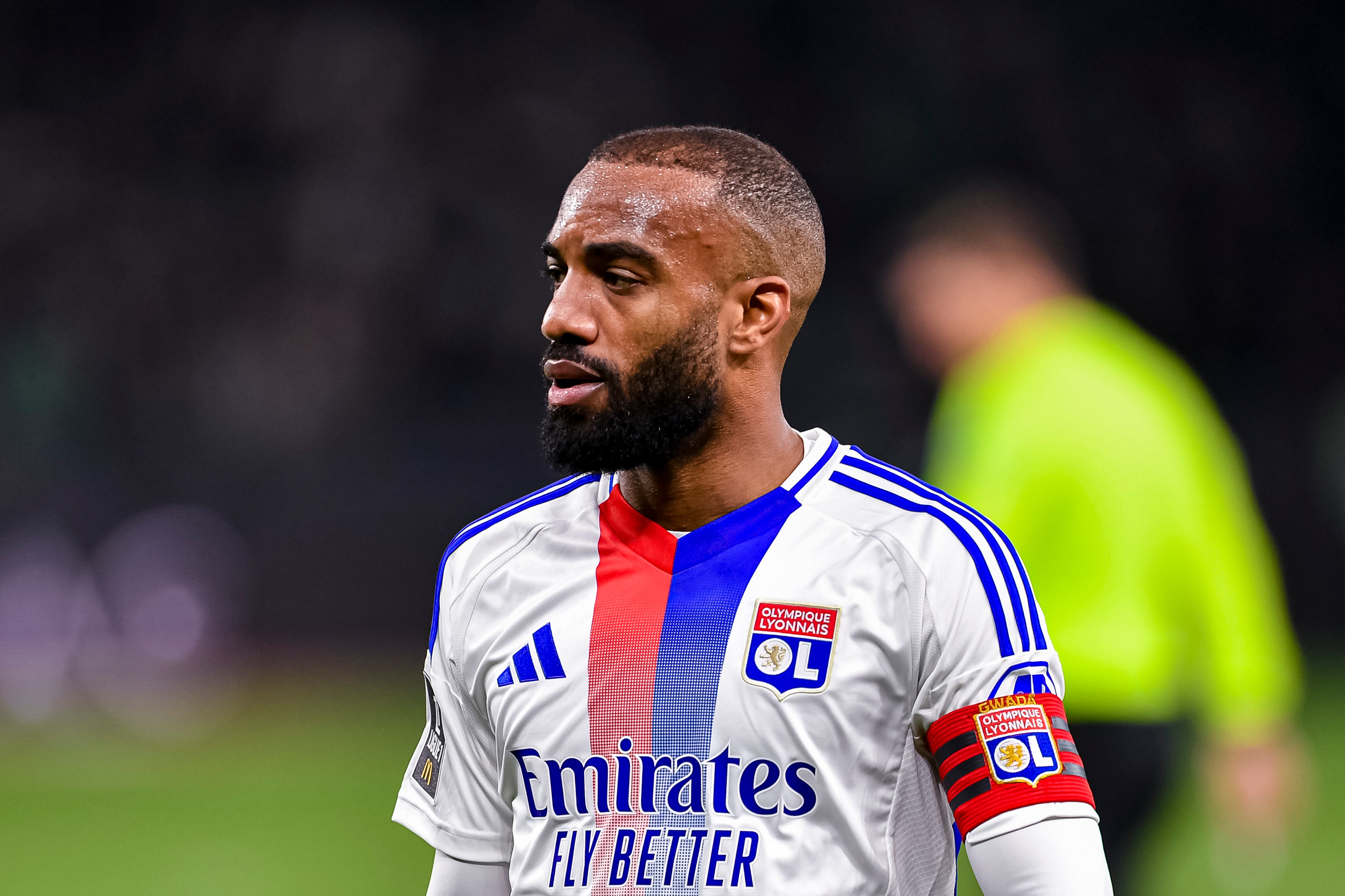 SAINT-ETIENNE, FRANCE - APRIL 20: Alexandre Lacazette of Lyon walks in the field during the Ligue 1 McDonald's match between AS Saint-Etienne and Olympique Lyonnais at Stade Geoffroy-Guichard on April 20, 2025 in Saint-Etienne, France. (Photo by Eurasia Sport Images/Getty Images)