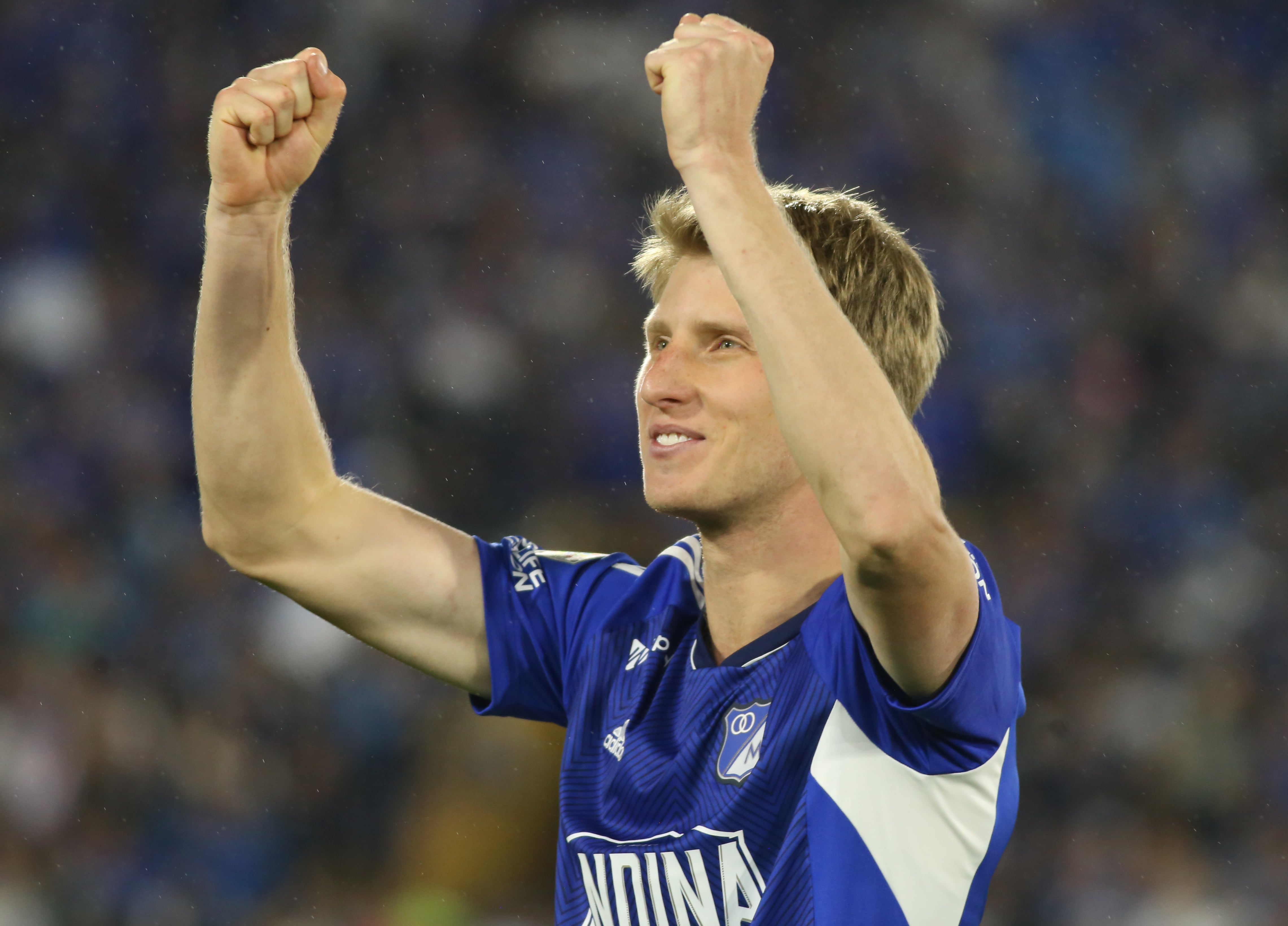 Andres Llinas of Millonarios F.C. celebrates the qualification in the match for the 26th date, quadrangular semifinals, as part of the BetPlay DIMAYOR I 2023 League played at the Nemesio Camacho El Campin stadium in the city of Bogota. (Photo by Daniel Garzon Herazo/NurPhoto via Getty Images)