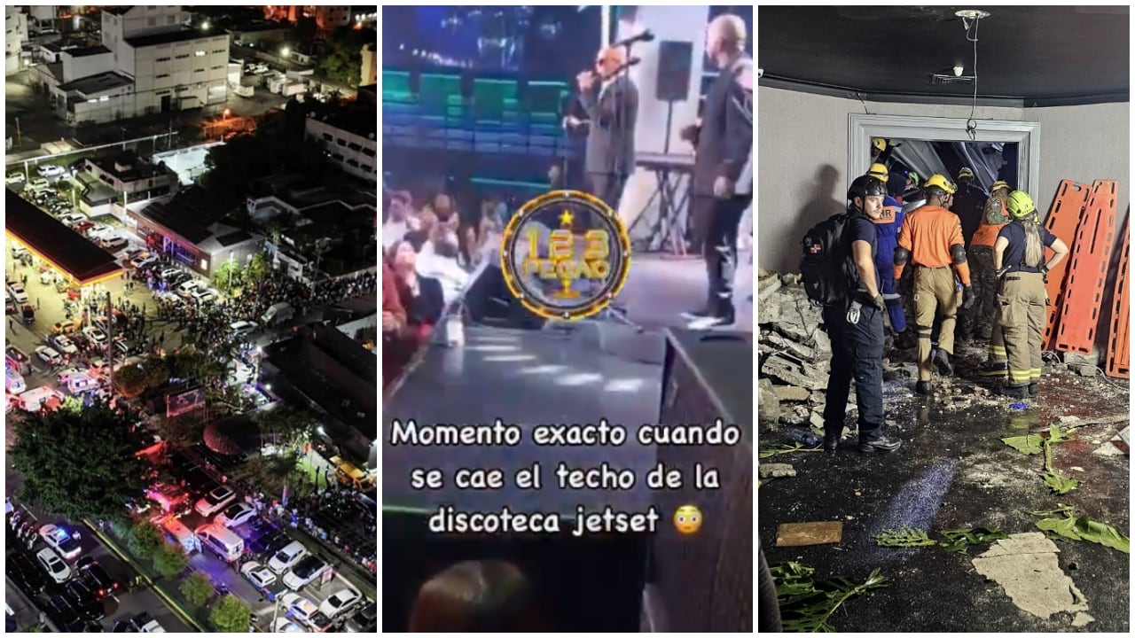 De izquierda a derecha: la discoteca Jet Set, en República Dominicana, tras el siniestro, imagen del momento exacto de su desplome y las labores de rescate