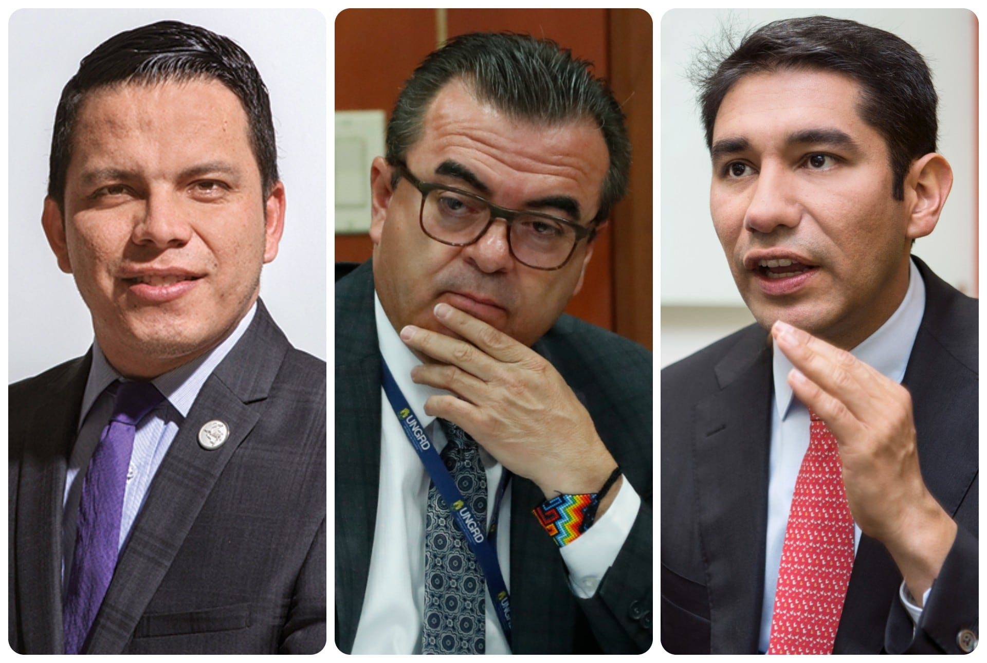 En la imagen aparecen el exsubdirector de la Ungrd Sneyder Pinilla, El exdirectora de la entidad Olmedo López y el abogado Luis Gustavo Moreno.