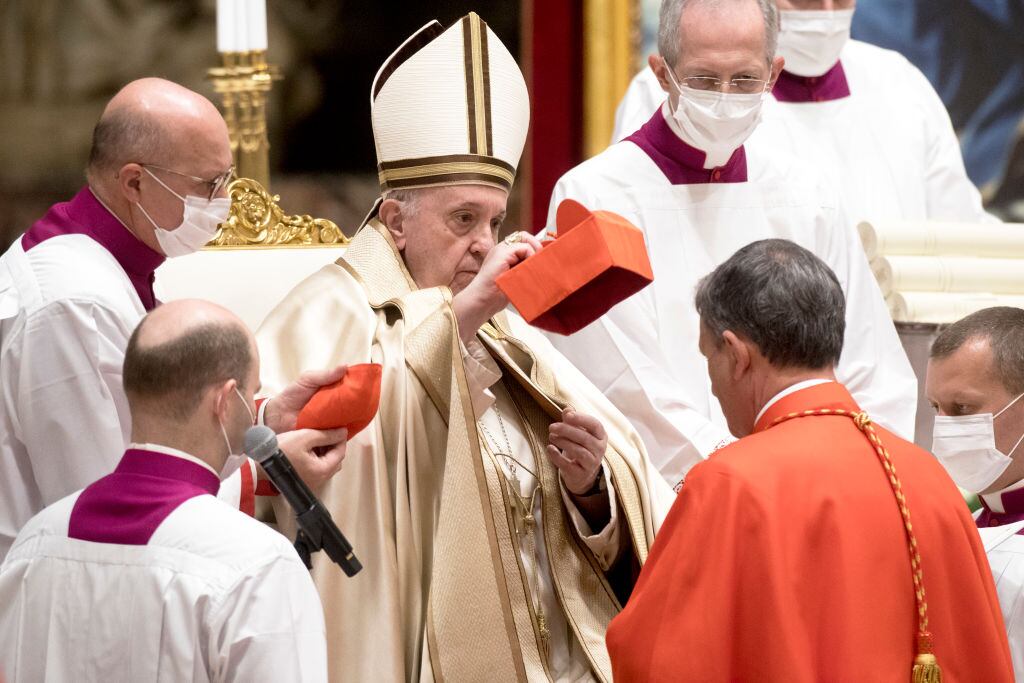 VATICAN CITY, VATICAN - NOVEMBER 28: New Cardinal Mario Grech,  receives the red three-cornered biretta hat from Pope Francis during a Consistory Ceremony to create thirteen new Cardinals in St. Peter's Basilica at The Vatican on November 28, 2020 in Vatican City, Vatican. (Photo by Alessandra Benedetti - Corbis/Corbis via Getty Images)