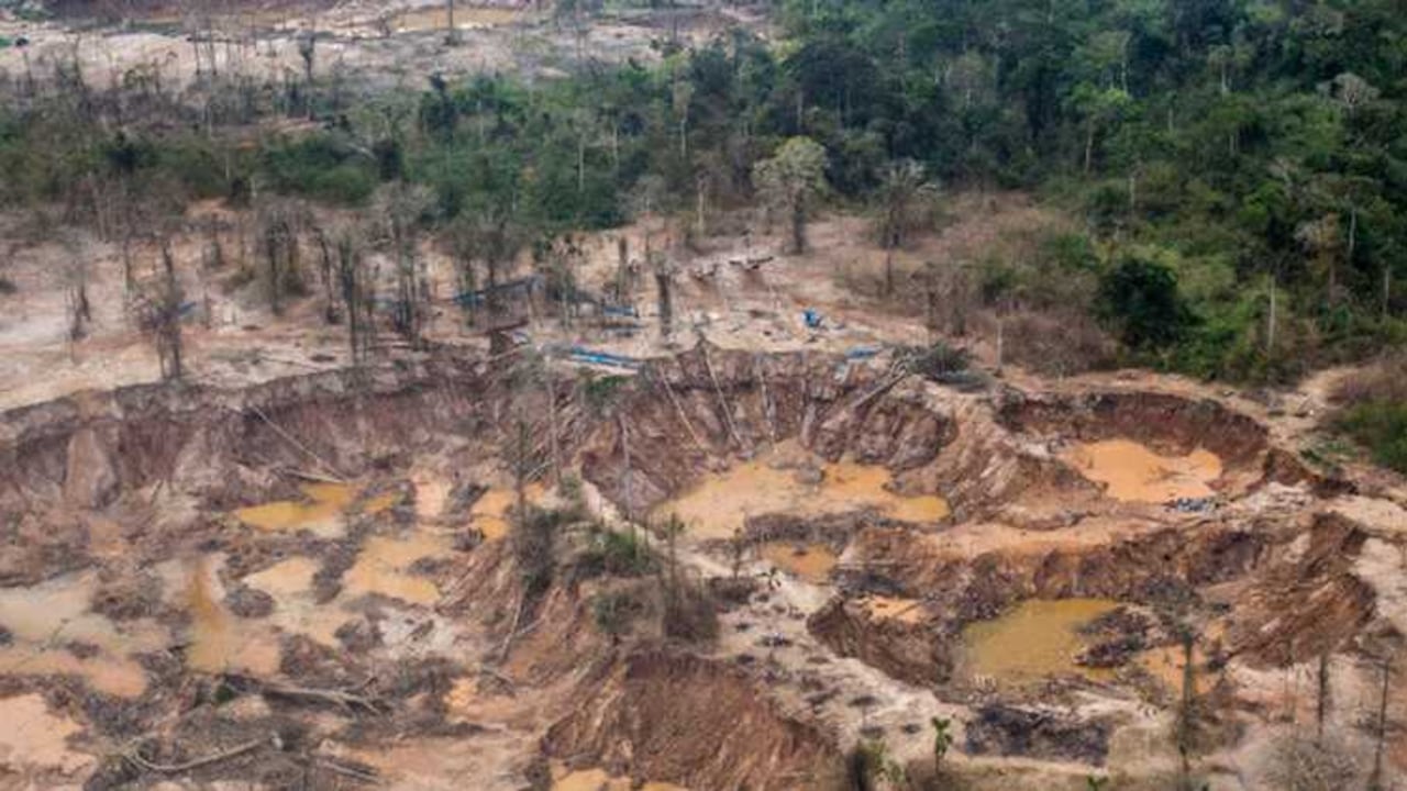 Vista aerea de Aerial de un campo de minería ilegal ubicado en la Amazonía peruana. AFP/ERNESTO BENAVIDES