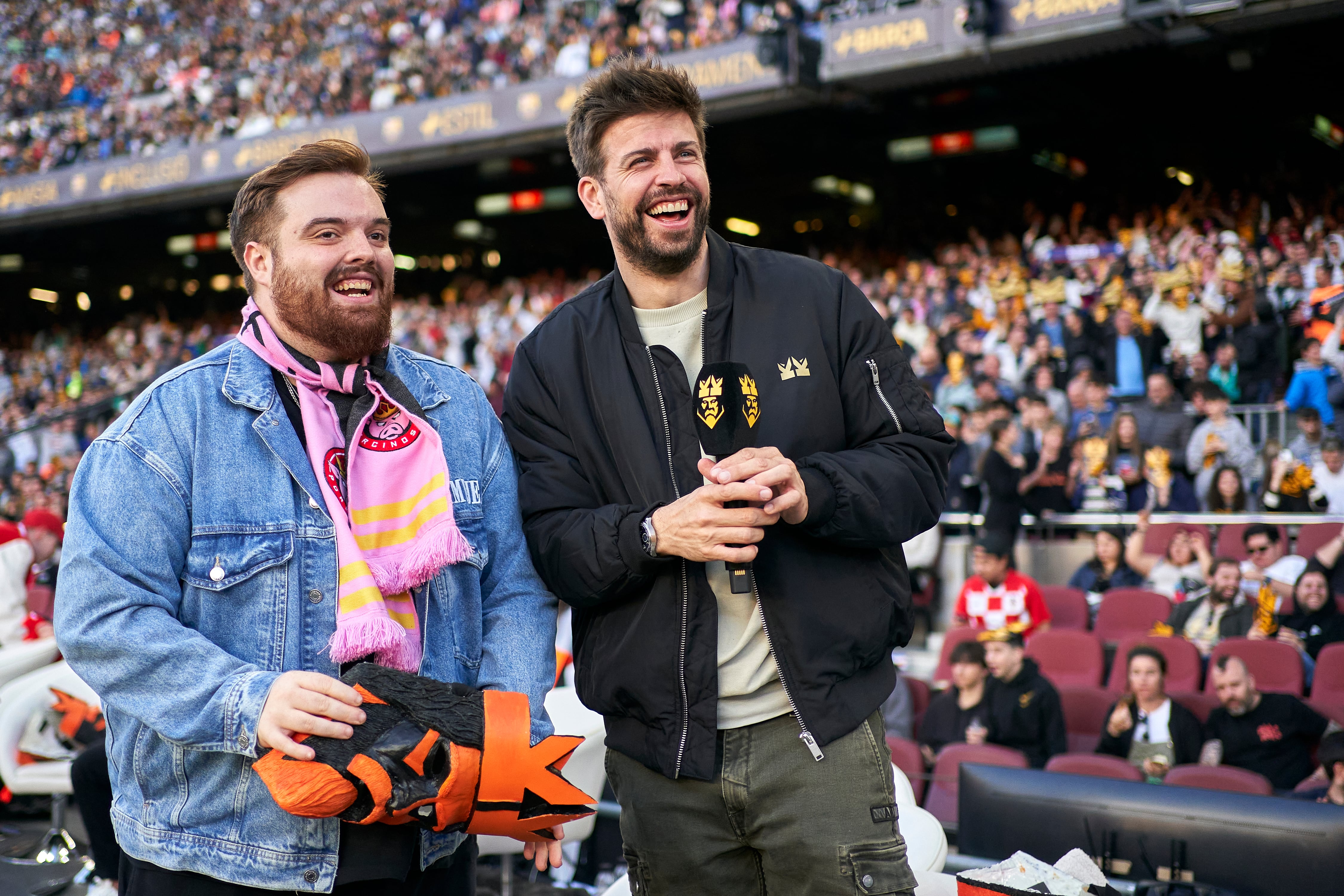 BARCELONA, SPAIN - MARCH 26: Ibai Llanos, President of Porcinos FC and Gerard Pique, President of Kings League react during the Final Four of the Kings League Tournament 2023 at Spotify Camp Nou on March 26, 2023 in Barcelona, Spain. (Photo by Jose Manuel Alvarez/Quality Sport Images/Getty Images)