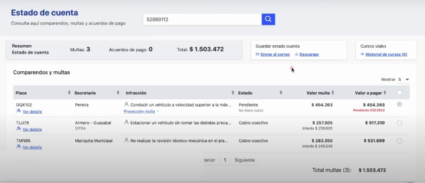 Así es la interfaz de la página del Simit tras hacer la consulta.