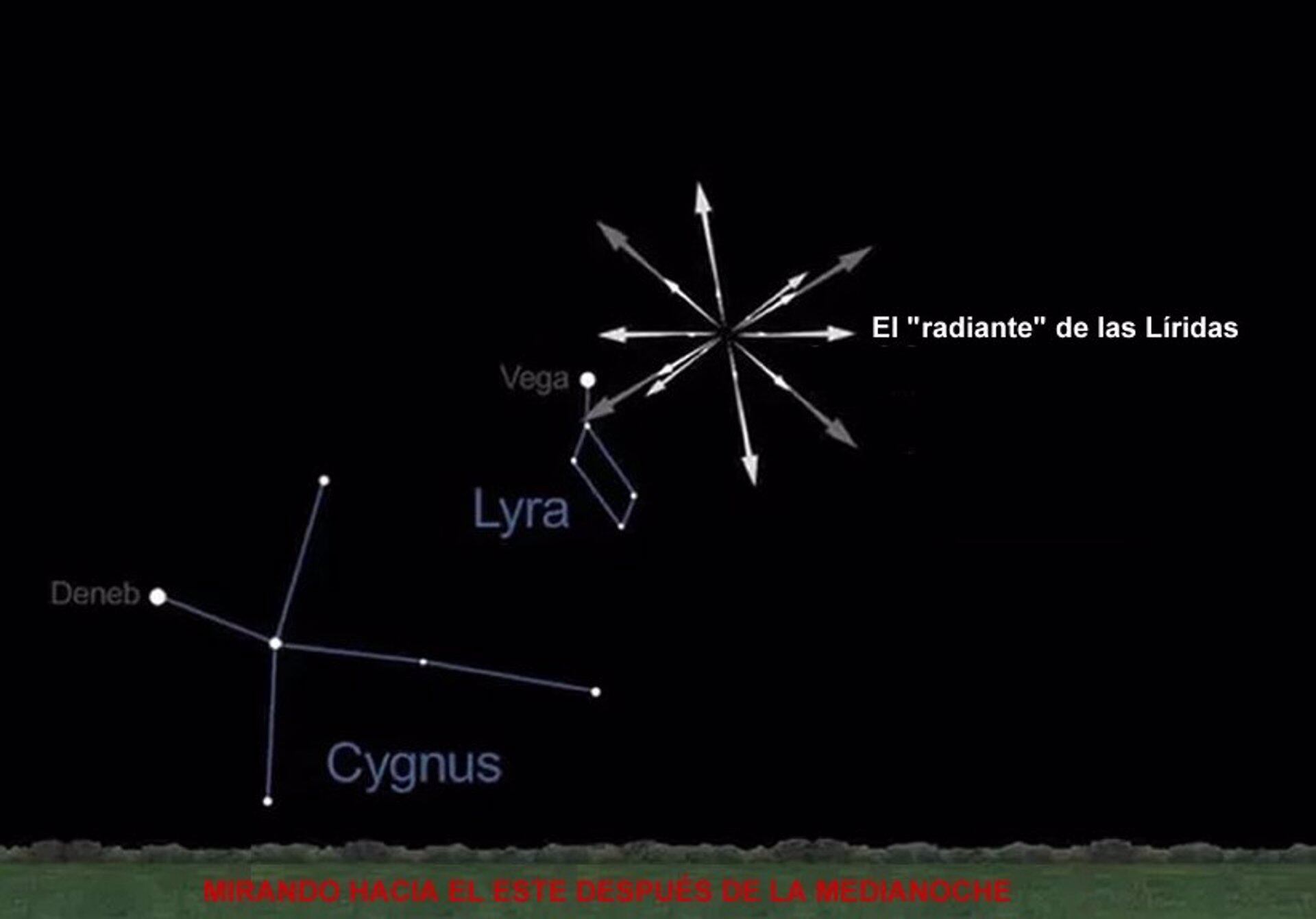 Mapa celeste para la observación de las Líridas la madrugada del 22 de Abril de 2025.