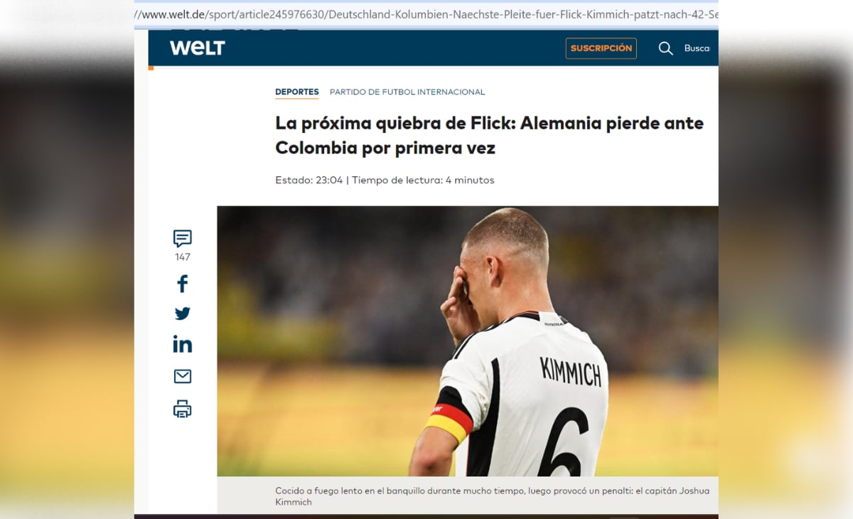 Diarios de Alemania critican fuertemente a la Selección por su derrota ante Colombia.