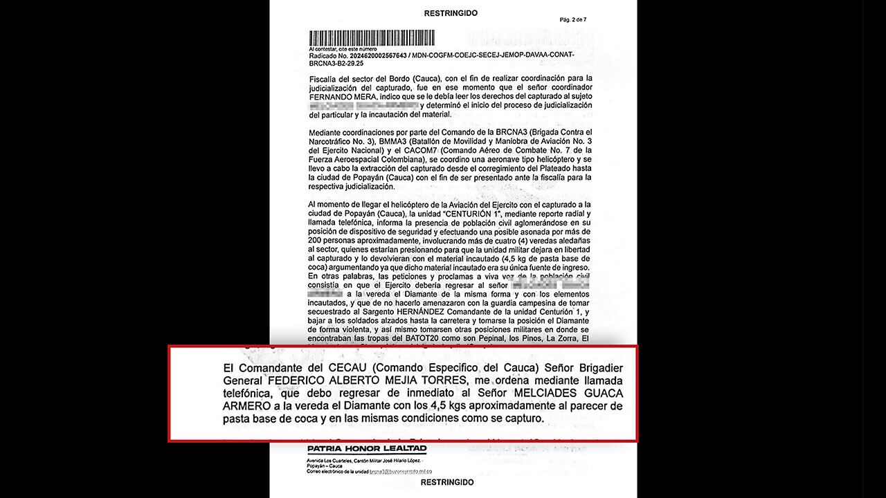 Esta es la denuncia de un oficial del Ejército en la que relata cómo tuvieron que liberar a un presunto traficante de cocaína por orden del general Federico Mejía.
