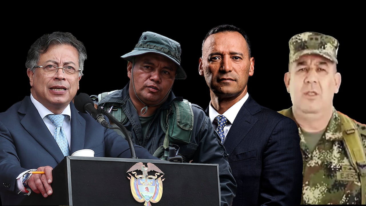 Presidente Gustavo Petro; alias Calarcá, cabecilla de las disidencias de las Farc; Pedro Sánchez, ministro de Defensa; general Juan Manuel Huertas.