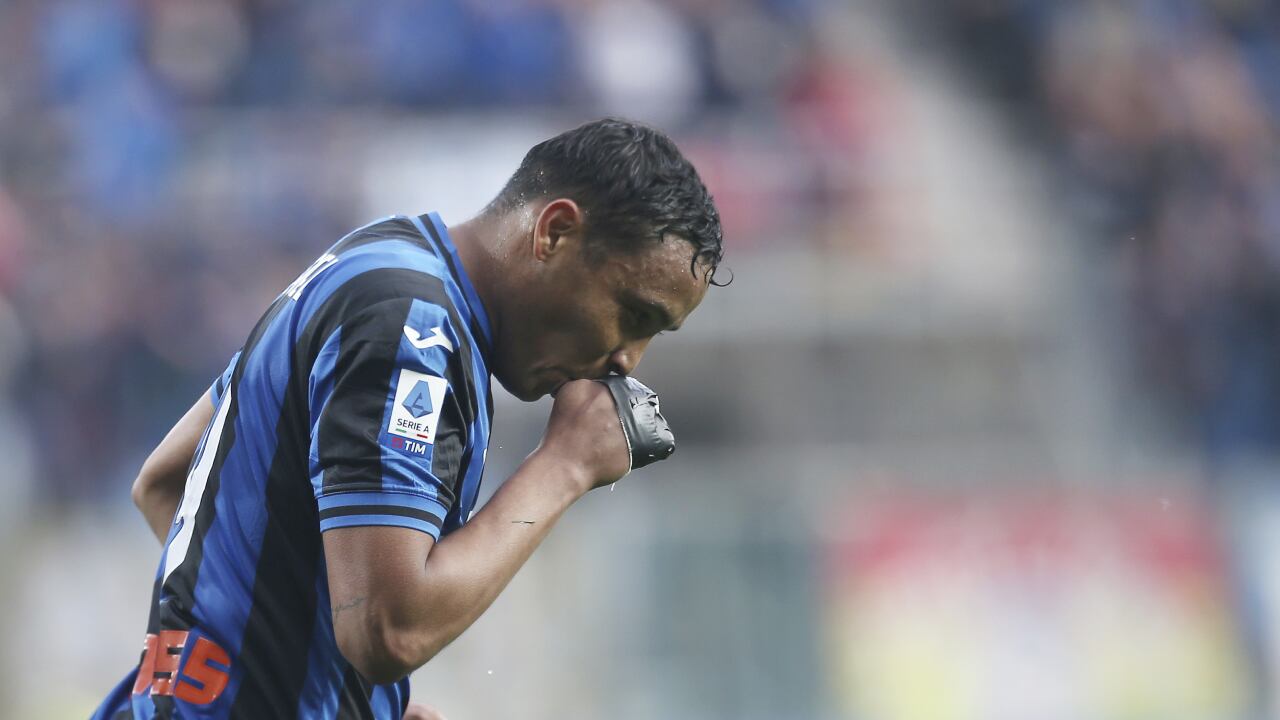 Atalanta's Luis Muriel celebrates scoring during the Serie A between Atalanta and Spezia at Gewiss Stadium, Bergamo, Italy, Wednesday May 3, 2023. (AP/Spada/LaPresse)