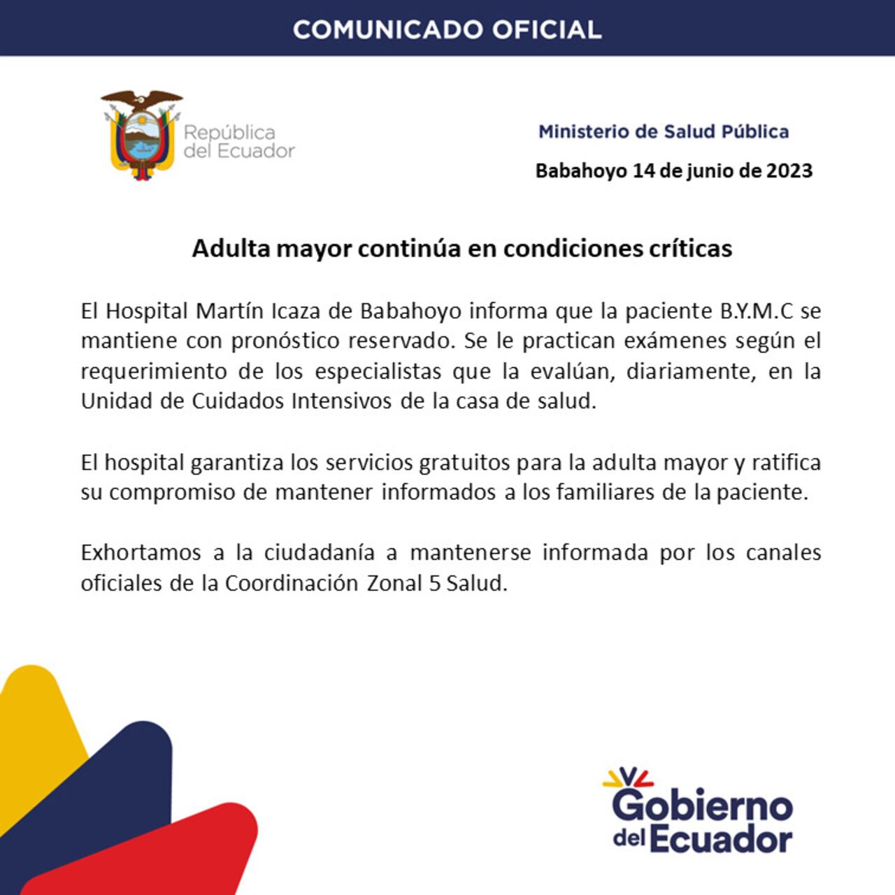 Este es el comunicado del Ministerio de Salud de Ecuador.