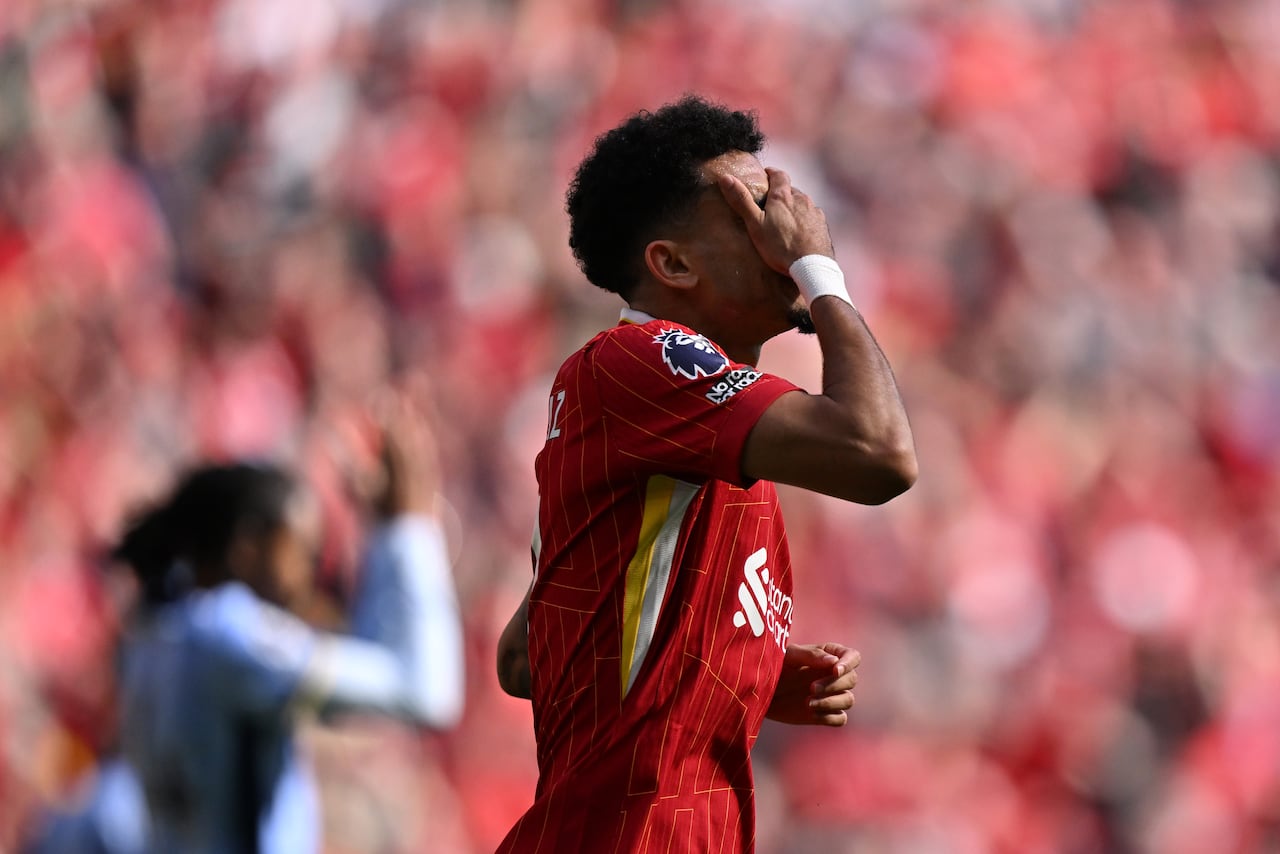 LIVERPOOL, ENGLAND - APRIL 27: (SUN OUT, SUN ON SUNDAY OUT) Luis Diaz of Liverpool reacts, as he scored Liverpool's first goal which was originally ruled out for offside but was given following a VAR view during the Premier League match between Liverpool FC and Tottenham Hotspur FC at Anfield on April 27, 2025 in Liverpool, England. (Photo by Liverpool FC/Liverpool FC via Getty Images)