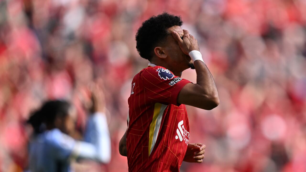 LIVERPOOL, ENGLAND - APRIL 27: (SUN OUT, SUN ON SUNDAY OUT) Luis Diaz of Liverpool reacts, as he scored Liverpool's first goal which was originally ruled out for offside but was given following a VAR view during the Premier League match between Liverpool FC and Tottenham Hotspur FC at Anfield on April 27, 2025 in Liverpool, England. (Photo by Liverpool FC/Liverpool FC via Getty Images)