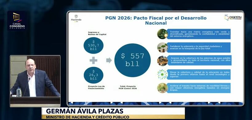 Germán Plazas, ministro de Hacienda, durante el debate al Presupuesto General 2026, en las comisiones económicas.