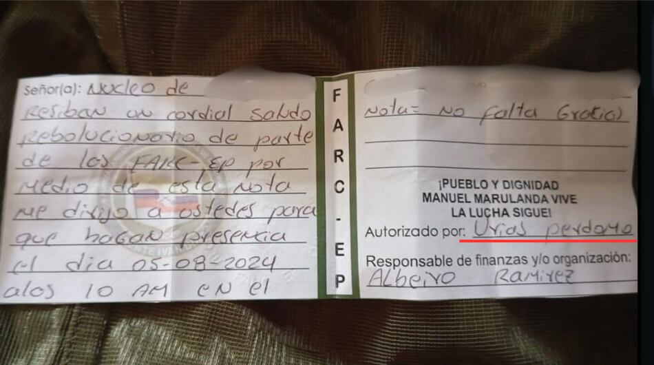 Documento de extorsión aprobado por alias Urias Perdomo.