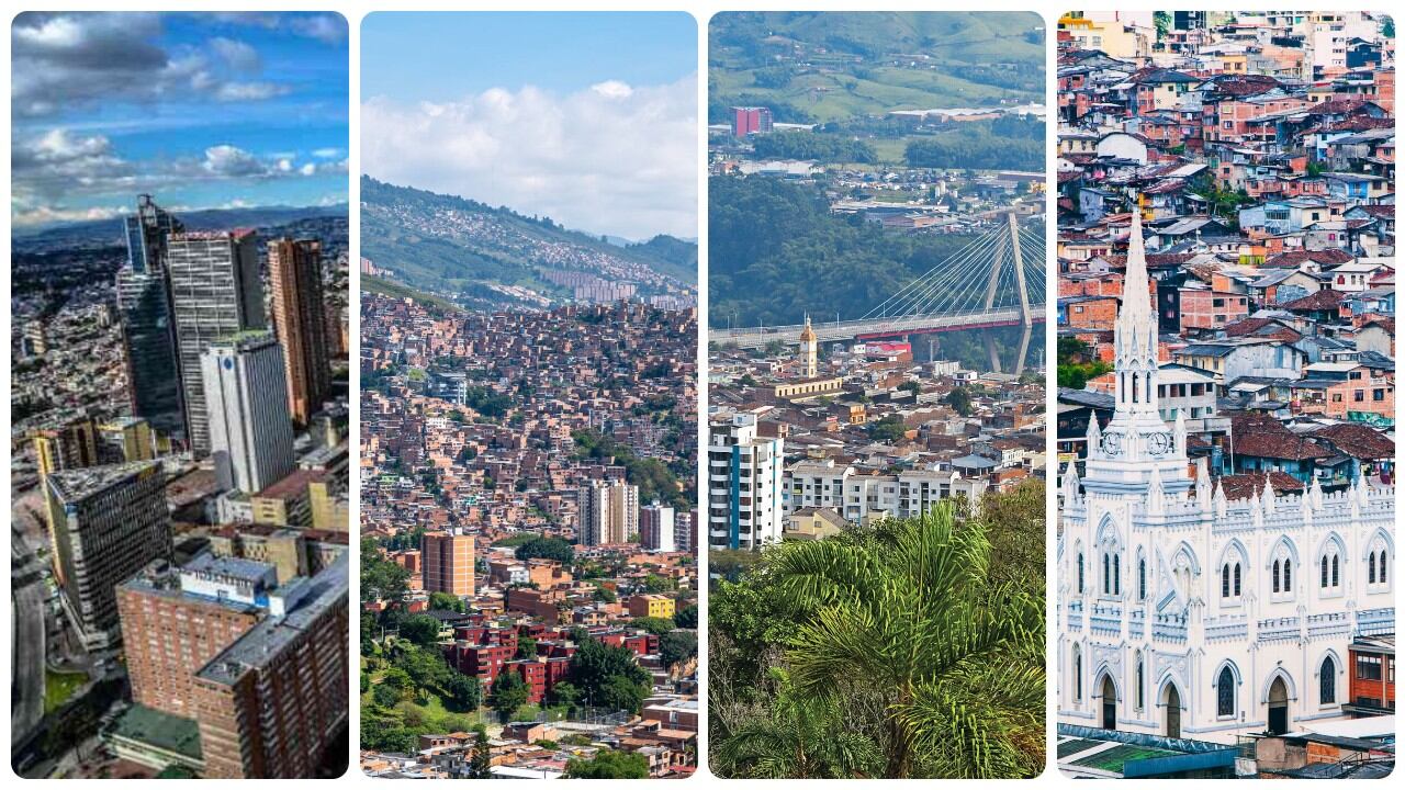 Ciudades colombianas: panorámicas de Bogotá, Medellín, Pereira y Manizales.