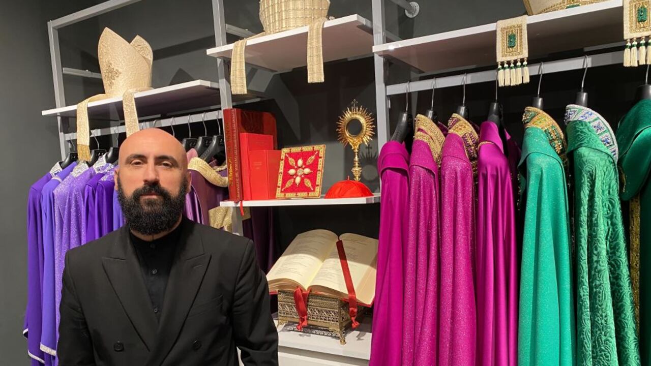 PRODUCTION - 05 June 2023, Italy, Rom: Pope tailor Filippo Sorcinelli stands in his store in Rome. On Instagram he lolls around topless and tattooed. In his studio he designed the robes for two popes, he dresses cardinals and priests and now still produces incense perfume. Filippo Sorcinelli is the Pope's unusual tailor. (to dpa "Mitre, tattoos, Instagram - The Pope's unusual tailor") Photo: Robert Messer/dpa (Photo by Robert Messer/picture alliance via Getty Images)