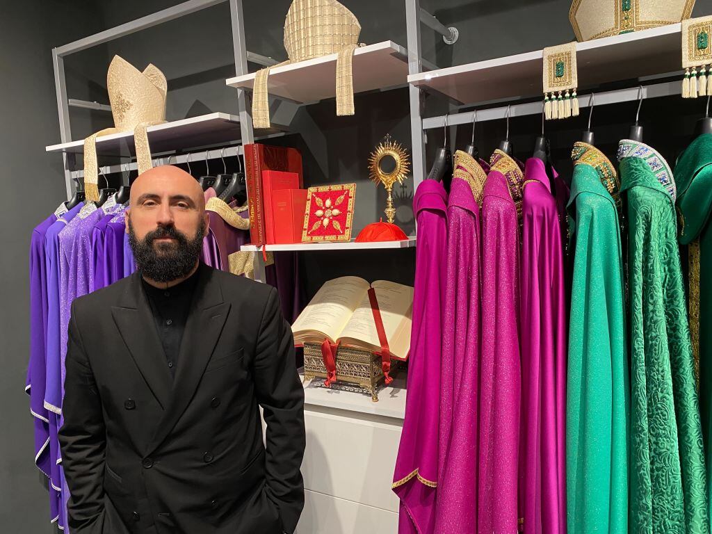 PRODUCTION - 05 June 2023, Italy, Rom: Pope tailor Filippo Sorcinelli stands in his store in Rome. On Instagram he lolls around topless and tattooed. In his studio he designed the robes for two popes, he dresses cardinals and priests and now still produces incense perfume. Filippo Sorcinelli is the Pope's unusual tailor. (to dpa "Mitre, tattoos, Instagram - The Pope's unusual tailor") Photo: Robert Messer/dpa (Photo by Robert Messer/picture alliance via Getty Images)