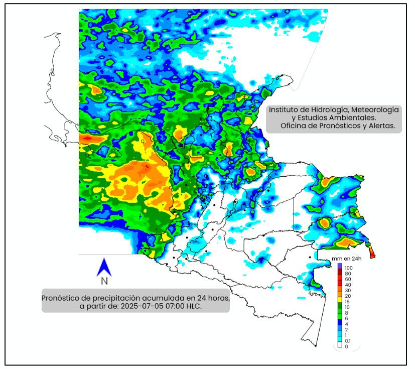 La escala de colores indica la cantidad de precipitación acumulada