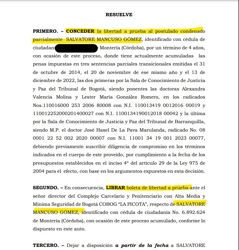 Justicia y Paz dejó en libertad bajo prueba al excomandante paramilitar Salvatore Mancuso Gómez.