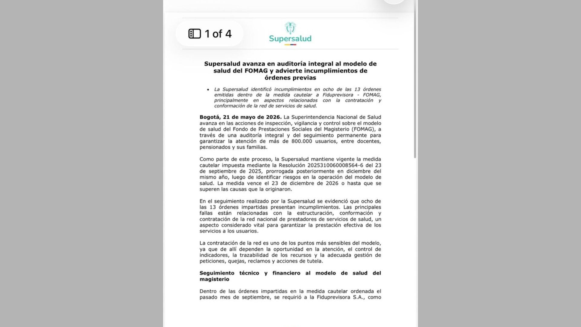 La Superintendencia Nacional de Salud advirtió incumplimientos del Fomag en ocho de las 13 órdenes impartidas sobre el sistema de salud de los maestros.
