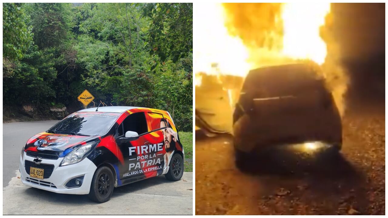 El vehículo de la campaña de Abelardo de la Espriella que fue incendiado en Arauca.