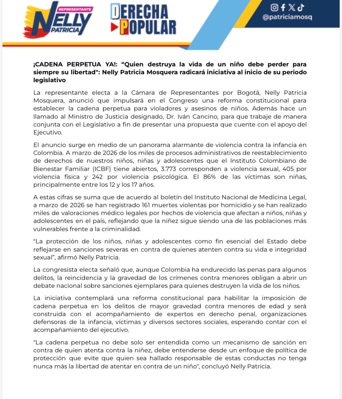 Comunicado de la representante a la Cámara electa por Bogotá del Centro Democrático Nelly Patricia Mosquera.