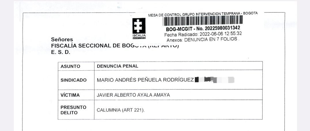 Denuncia por el delito de calumnia interpuesta por el general en retiro, Javier Ayala.