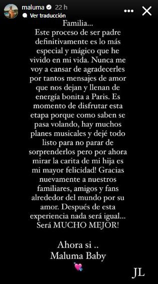 Maluma menciona cambios en su carrera musical por nacimiento de su hija