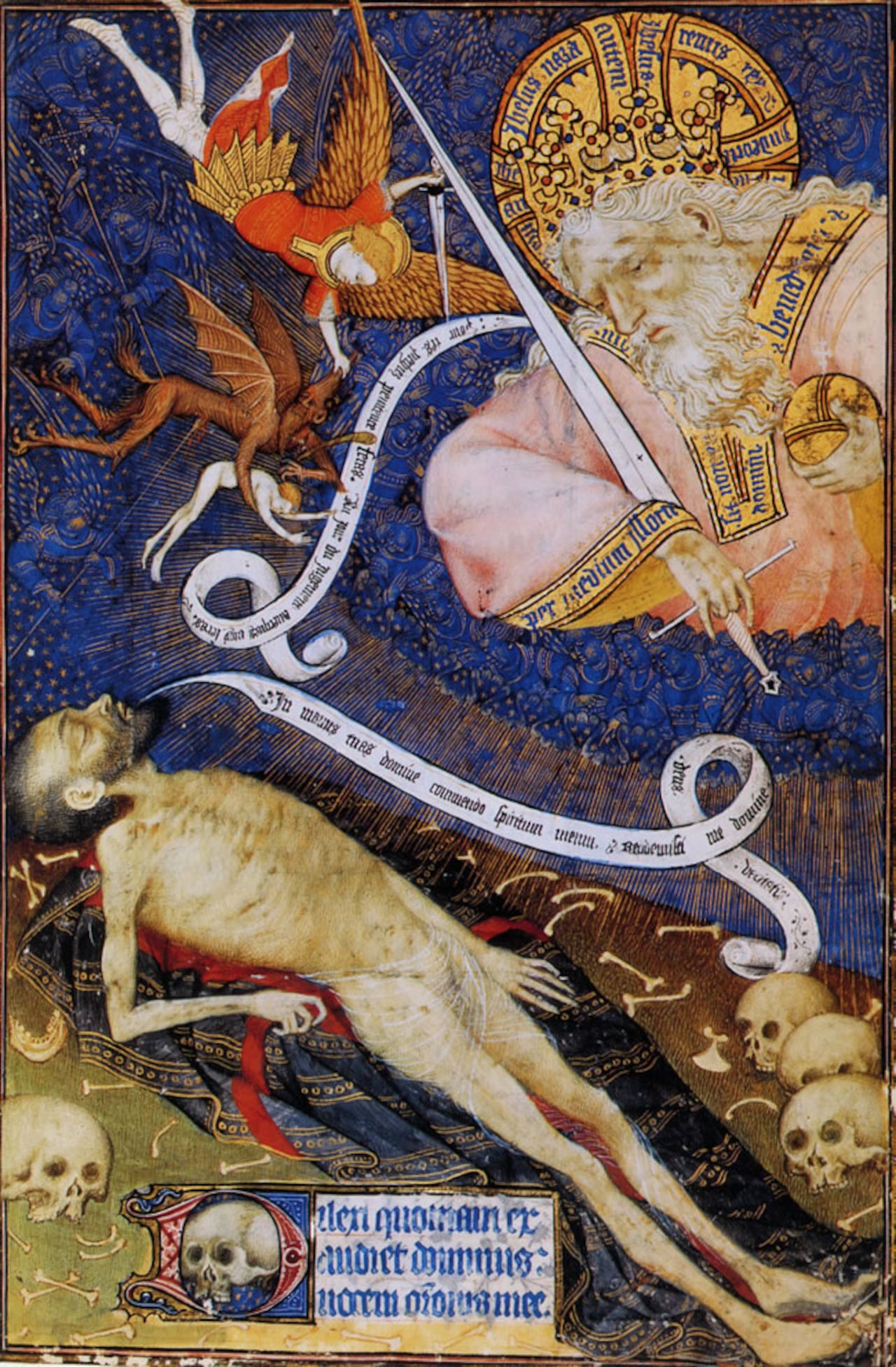 El muerto ante Dios. Un demonio intenta robarle el alma, pero es atacado por San Miguel Arcángel. Ilustración de Grandes heures de Rohan, de. Wikimedia Commons