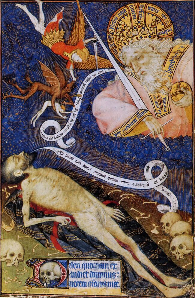 El muerto ante Dios. Un demonio intenta robarle el alma, pero es atacado por San Miguel Arcángel. Ilustración de Grandes heures de Rohan, de. Wikimedia Commons