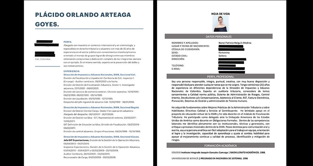 Hojas de vida de Plácito Arteaga y Nanci Patricia Holguín.