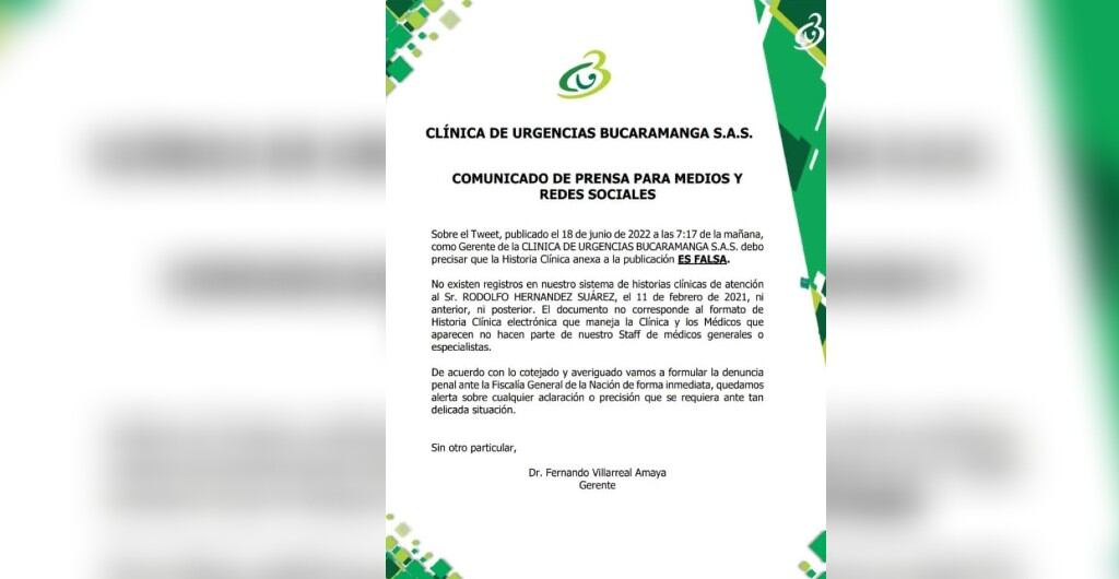 Comunicado Clínica de Bucaramanga