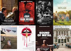 En esta combinación de fotos, los pósters de las nominas al Oscar a la mejor película "The Father", "Judas and the Black Messiah", "Mank", "Minari", "Nomadland", "Promising Young Woman", Sound of Metal" y "The Trial of the Chicago 7", (Sony Pictures Classics/Warner Bros. Pictures, Netflix, A24, Searchlight Pictures, Focus Features, Amazon Studios, Netflix vía AP)