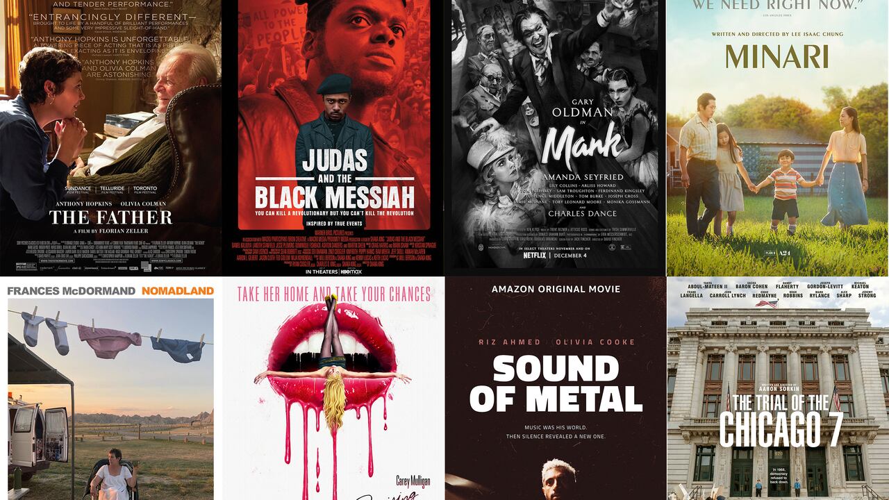En esta combinación de fotos, los pósters de las nominas al Oscar a la mejor película "The Father", "Judas and the Black Messiah", "Mank", "Minari", "Nomadland", "Promising Young Woman", Sound of Metal" y "The Trial of the Chicago 7", (Sony Pictures Classics/Warner Bros. Pictures, Netflix, A24, Searchlight Pictures, Focus Features, Amazon Studios, Netflix vía AP)