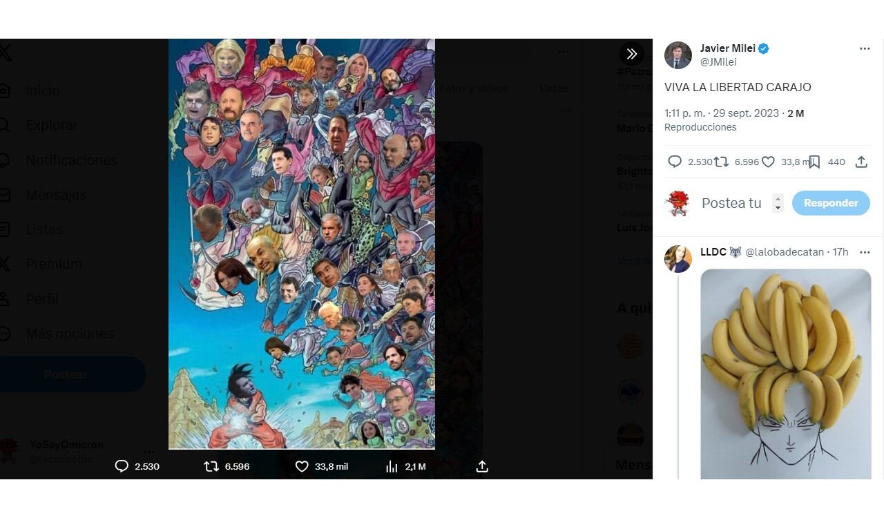 Así fue la publicación de Javier Milei donde reemplazó su cara por la de Gokú