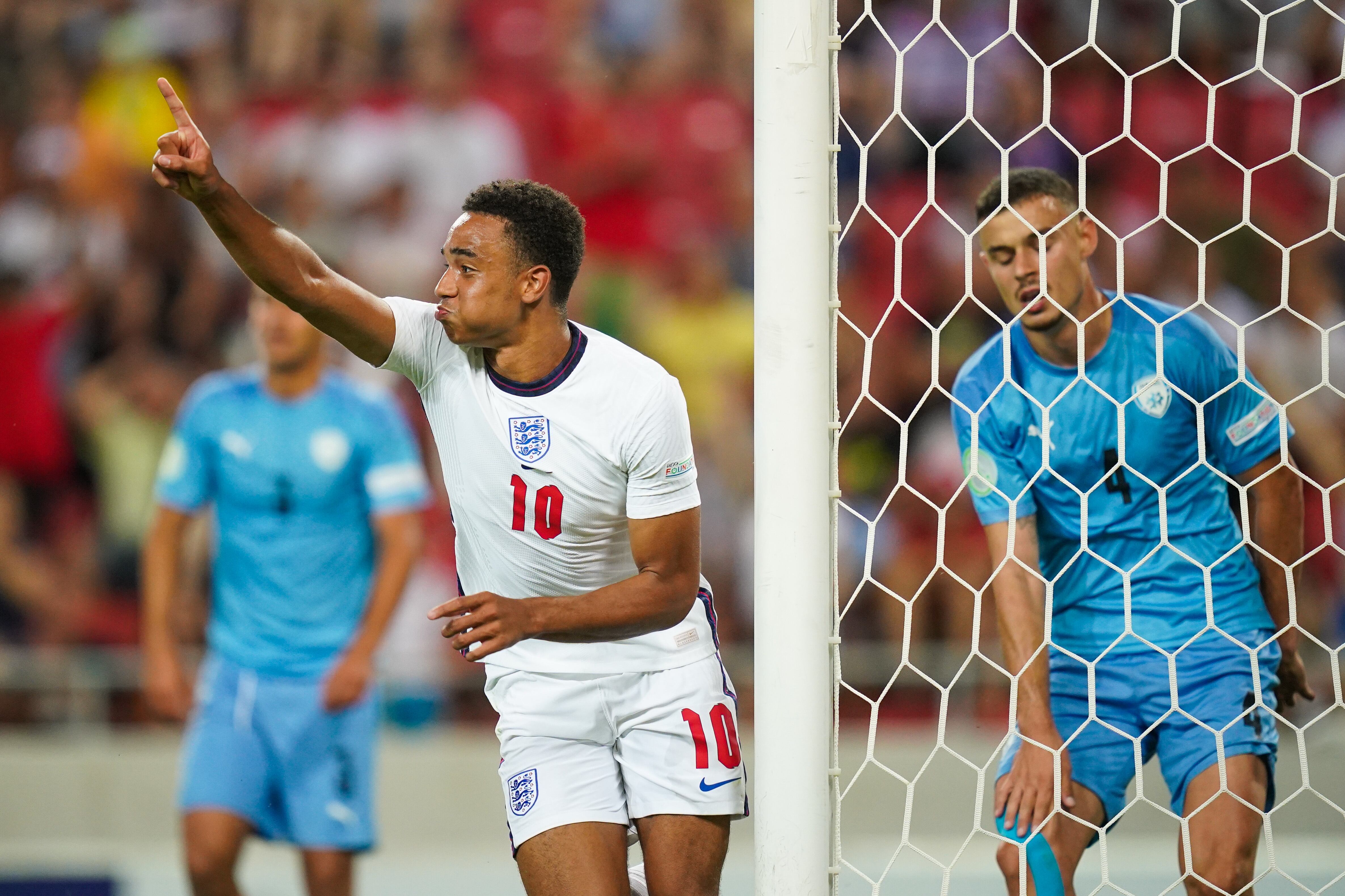 TRNAVA, SLOVAKIA - JULY 01: Aaron Ramsey of England celebrates after scoring their sides third goal during the UEFA European Under-19 Championship 2022 Final match between Israel v England MU19 on July 1, 2022 in Trnava, Slovakia. (Photo by Christian Hofer - The FA/The FA via Getty Images)