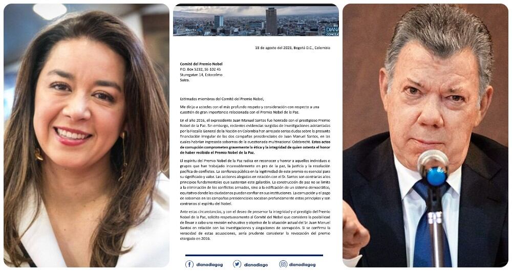 La concejal Diana Diago, Juan Manuel Santos y la carta que le envió al premio Nobel de Paz.