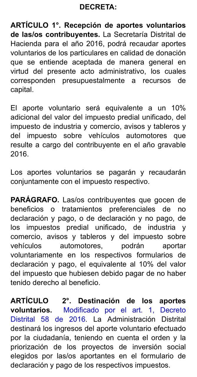 Fragmento del decreto con el que Gustavo Petro promovió una 'vaca' en Bogotá