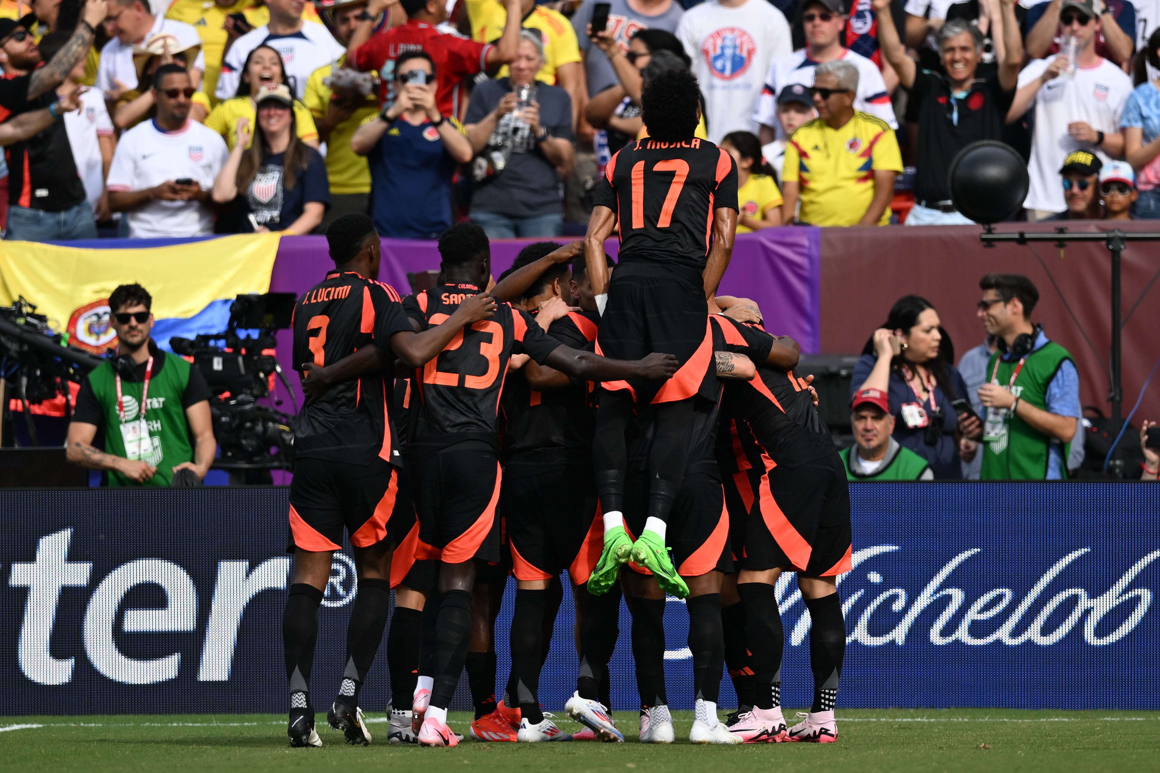 LANDOVER, MARYLAND - JUNE 8: Colombia players celebrate a goal during the match between Colombia and USMNT at Commanders Field on June 8, 2024 in Landover, Maryland. (Photo by Stephen Nadler/ISI Photos/Getty Images)