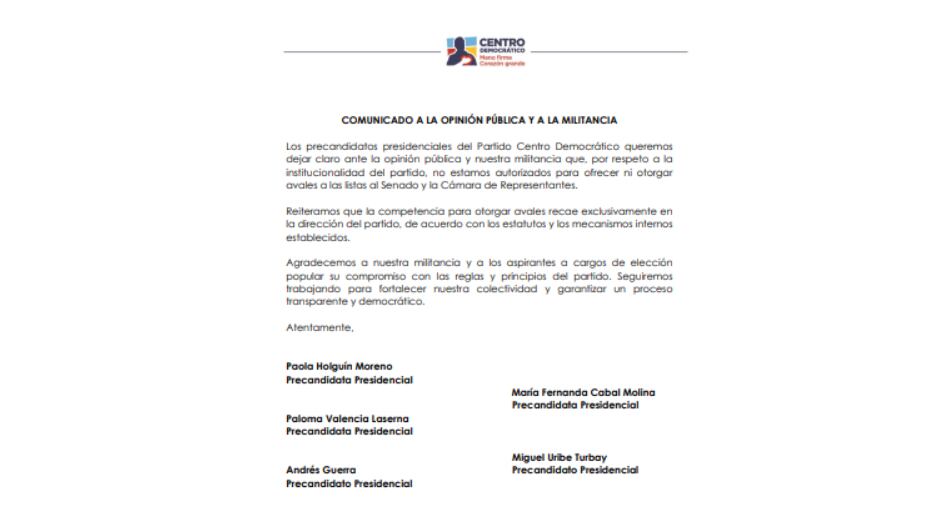 Comunicado de los precandidatos del Centro Democrático.