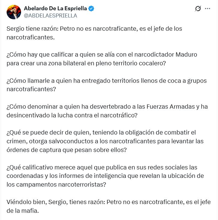 Mensaje de Abelardo de la Espriella en redes sociales.
