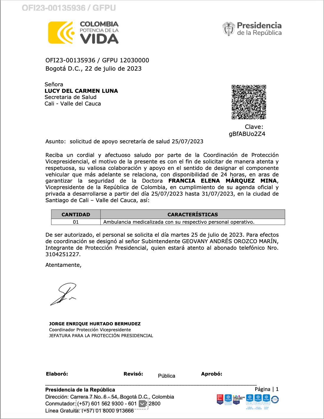 Solicitud del 22 de julio a la Secretaría de Salud de Cali.
