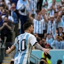 Argentina's Lionel Messi celebrates after scoring his side's opening goal from penalty spot during the World Cup group C soccer match between Argentina and Saudi Arabia at the Lusail Stadium in Lusail, Qatar, Tuesday, Nov. 22, 2022. (AP Photo/Ricardo Mazalan)