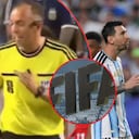 Lionel Messi con el árbitro vs. Suiza en el Mundial
