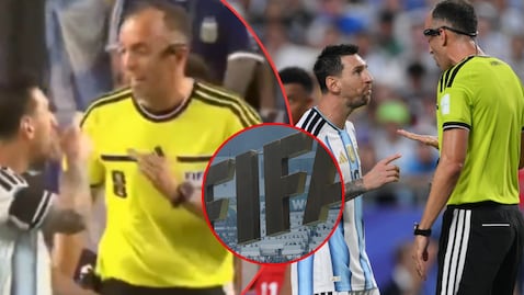Lionel Messi con el árbitro vs. Suiza en el Mundial