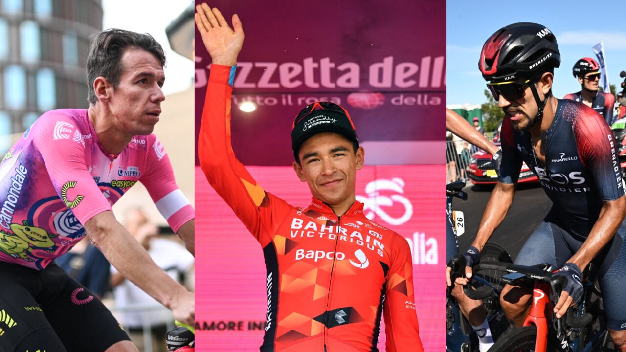 Rigoberto Urán, Santiago Buitrago y Daniel Felipe Martínez. Clásica San Sebastián. Foto: AFP/Marco BERTORELLO//REUTERS/Jennifer Lorenzini//AFP/Marco BERTORELLO