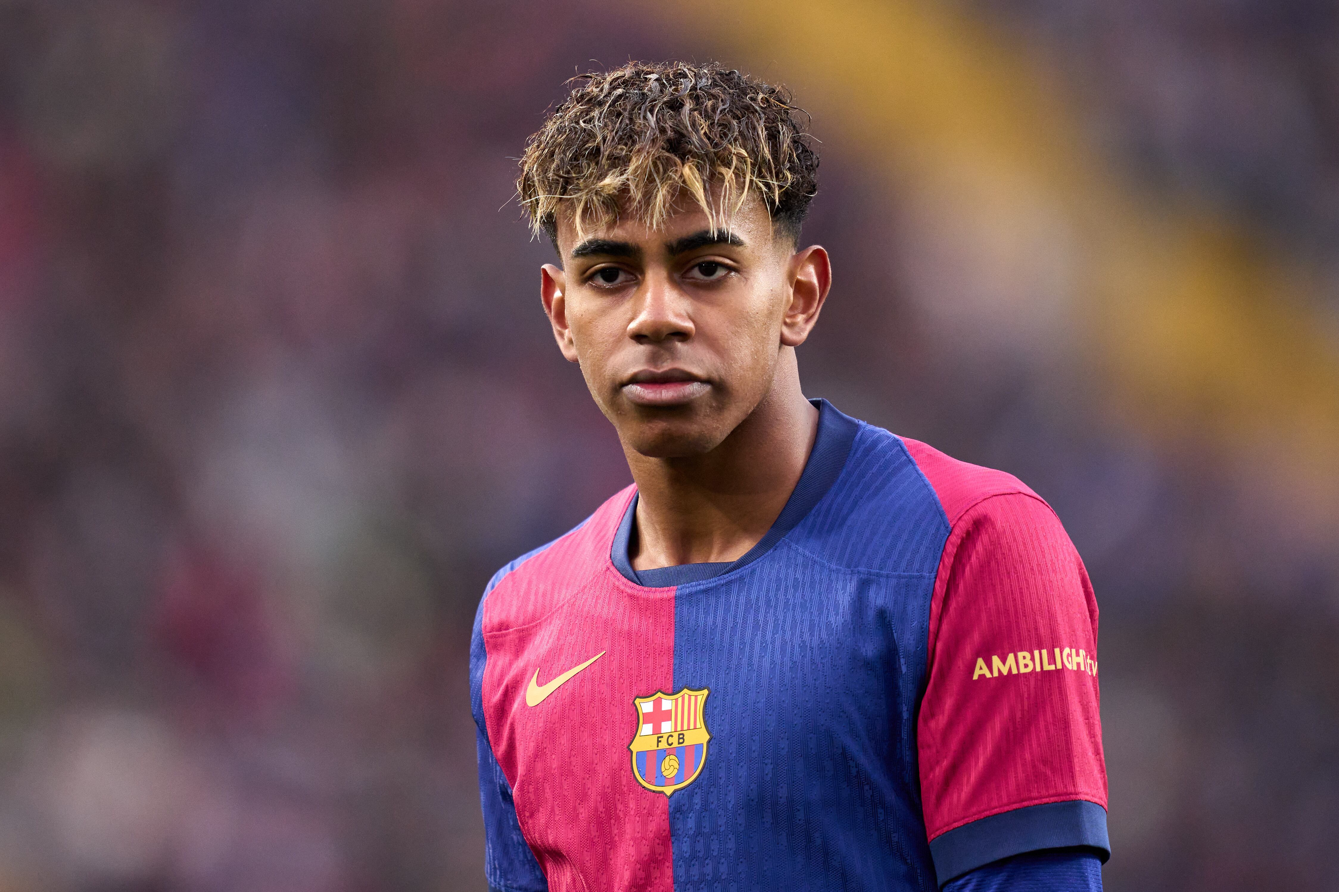 BARCELONA, SPAIN - MARCH 02: Lamine Yamal of FC Barcelona looks on during the La Liga EA Sports match between FC Barcelona and Real Sociedad at Estadi Olimpic Lluis Companys on March 02, 2025 in Barcelona, Spain. (Photo by Alex Caparros/Getty Images)