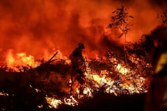 Los bomberos intentan evitar que el incendio forestal se propague debido al cambio de viento, mientras luchan contra un incendio forestal cerca de Louchats en Gironde, suroeste de Francia el 17 de julio de 2022 (Foto de THIBAUD MORITZ / AFP)