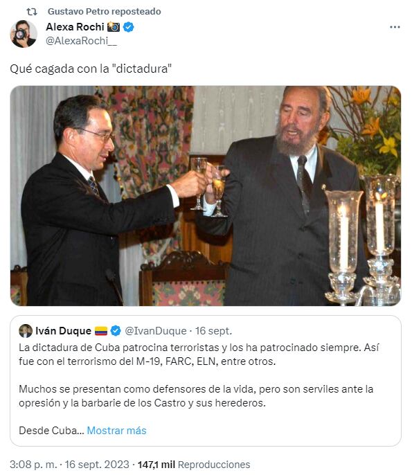 Trino retuiteado por el presidente Gustavo Petro con una foto del expresidente Álvaro Uribe Vélez y Fidel Castro juntos